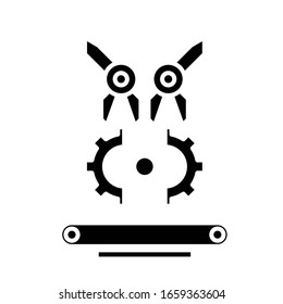 Robots industriales icono negro, ilustración conceptual, símbolo plano vectorial, signo de glifo.