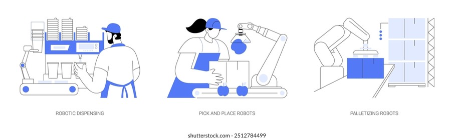 Conjunto de Ilustraciones vectoriales de dibujos animados aislados de robots de la industria. Robótica dispensación de alimentos y bebidas, robot de selección y colocación, automatización del sector de servicios, paletizado de dibujos animados de Vector de máquinas autónomas.