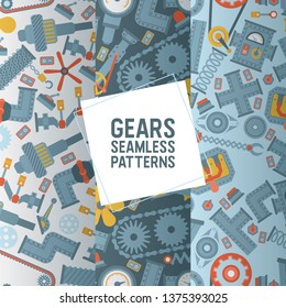Industry seamless pattern vector industrial machinery engineering equipment illustration backdrop technical set of engine technology working wheel gear mechanism background.
