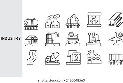 Sector industrial, sectores industriales en el gran sistema económico, turismo, alimentación, electricidad, compras, petróleo. ,Conjunto de iconos de línea para la empresa ,Conjunto de símbolos de contorno.,Ilustración vectorial. s editable