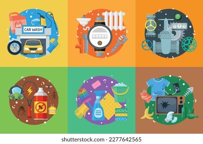 Industry service concept set vector flat illustration. Car washing plumbing engineering manufacture fabric production insect extermination cleaning maid housekeeping hygiene trash ecology pollution