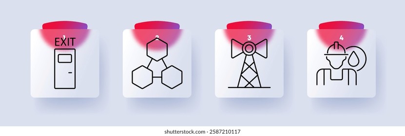 Industry set icon. Exit door, chemical structure, transmission tower, oil worker, safety, emergency, chemistry, energy, engineering, construction