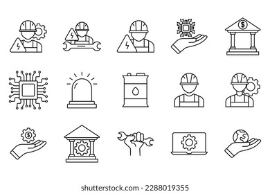Industry set icon illustration. Line icon style. Financial services, services, engineering, worker, environmental, oil barrel, digital services. Simple vector design editable