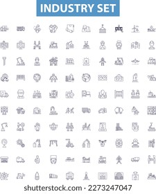 Industry set line icons, signs set. Factory, Industrial, Manufacturing, Business, Trade, Plant, Workshop, Production, Marketplace outline vector illustrations.