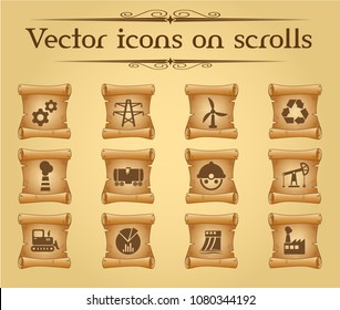 industry simple vector icons on ancient scrolls
