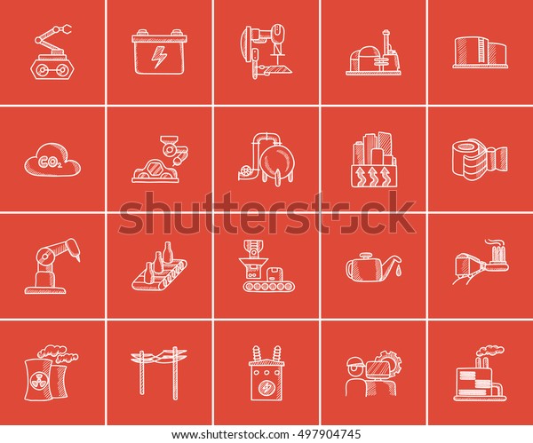 Industry sketch icon set for\
web, mobile and infographics. Hand drawn industry icon set.\
Industry vector icon set. Industry icon set isolated on red\
background.