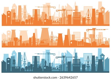 Industry skyline with factory chimney emitting smoke flat vector cartoon background production area environment heavy emission urban engineering illustration architecture pollution

