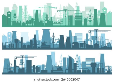 Industry skyline with factory chimney emitting smoke flat vector cartoon background production area environment heavy emission urban engineering illustration architecture pollution


