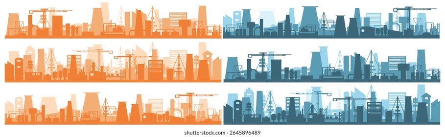 Industry skyline with factory chimney emitting smoke flat vector cartoon background production area environment heavy emission urban engineering illustration architecture pollution

