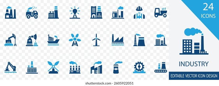 Industry solid icon set. containing Factory, Manufacturing, Production, Machinery, Engineering, Construction and more vector design