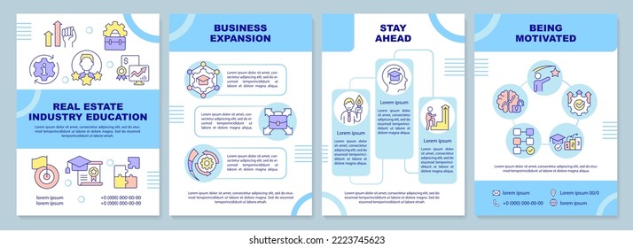 Industry specific education blue brochure template. Leaflet design with linear icons. Editable 4 vector layouts for presentation, annual reports. Arial-Black, Myriad Pro-Regular fonts used