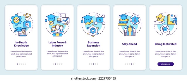 Industry specific education onboarding mobile app screen. Skills walkthrough 5 steps editable graphic instructions with linear concepts. UI, UX, GUI template. Myriad Pro-Bold, Regular fonts used