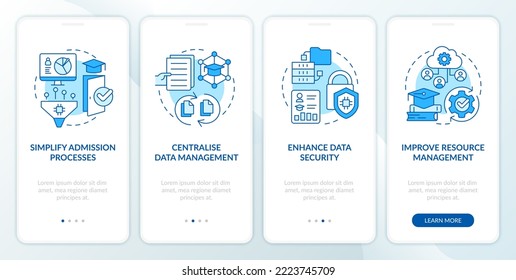 Industry specific ERP benefits blue onboarding mobile app screen. Walkthrough 4 steps editable graphic instructions with linear concepts. UI, UX, GUI template. Myriad Pro-Bold, Regular fonts used