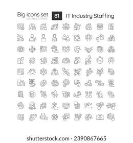 Juego de iconos lineales de dotación de personal de la industria de TI. Departamento de Recursos Humanos. Proceso de contratación. Buscando talentos. Contratación de empresas. Símbolos de línea delgada personalizables. Ilustraciones aisladas del contorno vectorial. Trazo editable