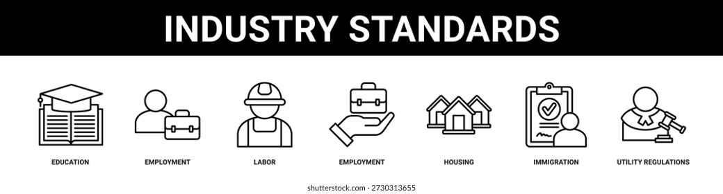 Industry Standards web banner icon set collection solid style.
