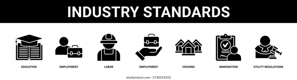 Industry Standards web banner icon set collection solid style.
