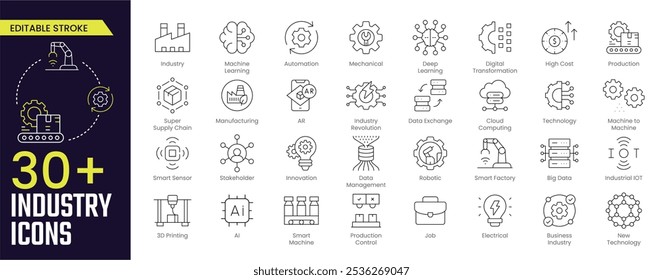 Coleções de ícones de Traço do Setor. Contendo grupo, Aprendizado de Máquina, Automação, Mecânico, Aprendizado Profundo, Trabalho, Fabricação, Indústria Empresarial e Ícones Robóticos. Coleções editáveis de ícones de traçado