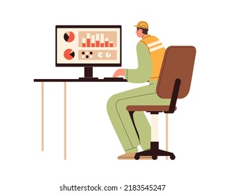 Supervisor de la industria en la pantalla de la computadora, monitoreando la producción inteligente en fábrica. Trabajador, operador durante datos, gráfico, análisis de diagrama, control. Ilustración vectorial plana aislada en fondo blanco