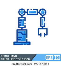 Industry Technology 4.0 icon, sign robot hand, factory automation. Manage online production. Filled line style icon. Eps 10