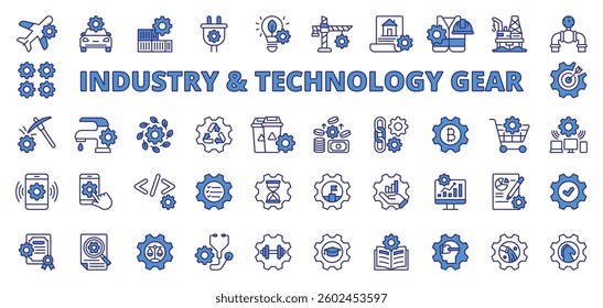 Industry and technology gear icons in line design blue. Industry, technology, gear, machinery, automation on white background vector. Industry and technology gear editable stroke icons