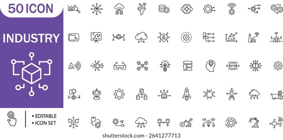 Industry Technology Icon Set . Automation, AI, Data, Cloud, Innovation, Network, Digital

