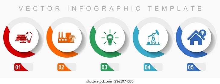 Conjunto de iconos de la industria y la tecnología, iconos variados como energía renovable, planta de energía, petróleo y gas, plantilla de diseño plano de infografía vectorial, botones web de 5 opciones de color