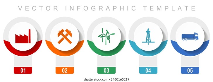 Industry and technology icon set, miscellaneous vector icons such as factory, mining, wind energy, oil and truck, modern design infographic template, web buttons in 5 color options