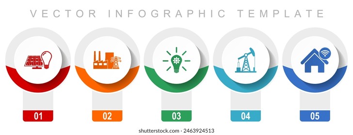 Industry and technology icon set, miscellaneous vector icons such as renewable energy, power plant, oil and gas, modern design infographic template, web buttons in 5 color options