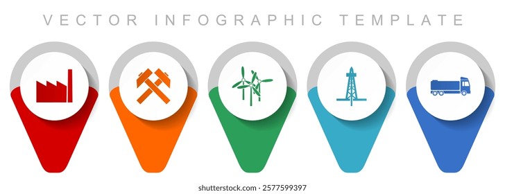 Industry and technology pointer collection, miscellaneous icons such as factory, mining, wind energy, oil and truck, flat design vector infographic template in eps 10