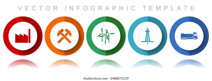 Industry and technology vector icon collection, miscellaneous icons such as factory, mining, wind energy, oil and truck, flat design infographic template in eps 10