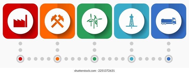Industry and technology vector icons, power and energy flat design web buttons collection, business concept infographic template