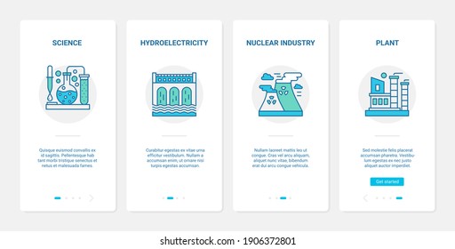 Industry technology vector illustration. UX, UI onboarding mobile app page screen set with line nuclear industrial symbols, science research for plant or factory, hydropower hydroelectric station