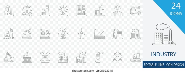 Industry thin line icon set. containing Factory, Manufacturing, Production, Machinery, Engineering, Construction and more  icons