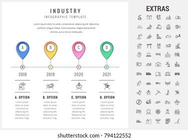 Industry timeline infographic template, elements and icons. Infograph includes options with years, line icon set with mining equipment, conveyor belt, nuclear power plant, manufacturing industry etc.