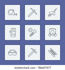 Industry tool icons set with bolt nut, meter measure and pickaxe elements. Set of industry tool icons and latex concept. Editable vector elements for logo app UI design.