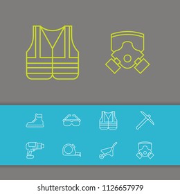 Industry tool icons set with glasses, respirator and meter measure elements. Set of industry tool icons and footwear concept. Editable vector elements for logo app UI design.