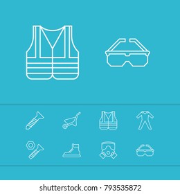 Industry tool icons set with glasses, vest and bolt nut elements. Set of industry tool icons and bolt nut concept. Editable vector elements for logo app UI design.