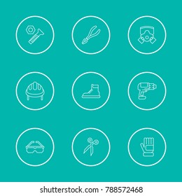 Industry tool icons set with pliers, glove and boots elements. Set of industry tool icons and cordless concept. Editable vector elements for logo app UI design.