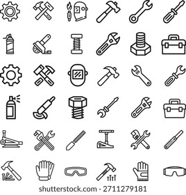 Ferramentas industriais conjunto de ícones de linha fina. equipamento, maquinário, oficina. traço editável. ilustração vetorial