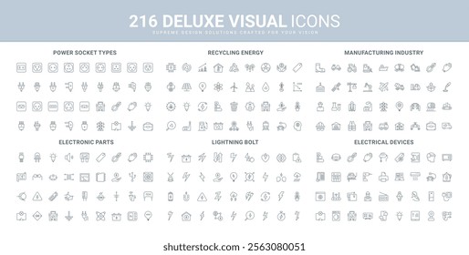 Industry, transportation and manufacturing, electricians equipment and parts, devices line icon set. International socket and plug types, lightning bolt thin black outline symbols vector illustration