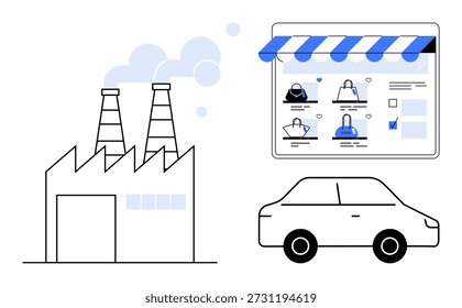 Tendencias de la industria, evolución del comercio electrónico, venta minorista en línea, logística, producción, transporte. Fábrica, coche e interfaz de tienda en línea mostrados juntos. Evolución del comercio electrónico y concepto logístico