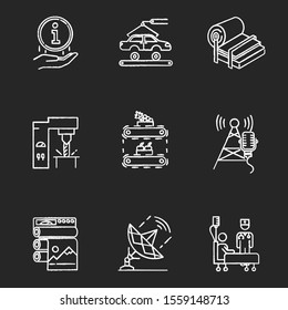Industry types chalk icons set. Information sign. Automotive production. Pulp and paper. Steel industry. Fruit supply. Broadcasting and news. Healthcare. Isolated vector chalkboard illustrations