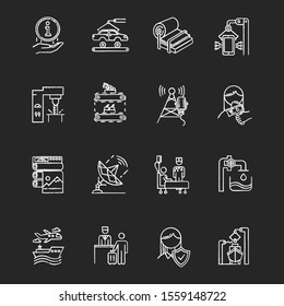 Industry types chalk icons set. News, media. Information broadcasting, Shipbuilding. Pulp and paper production. Publishing. Healthcare. Hospitality industry. Isolated vector chalkboard illustrations