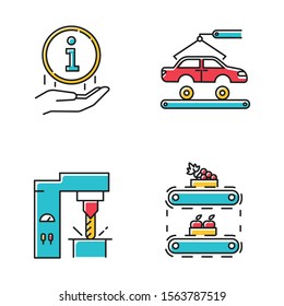 Industry types color icons set. Automotive engineering. Information sign. Steel industry. Fruit production. Car, automobile repair. Vehicle factory. Food supply. Isolated vector illustrations