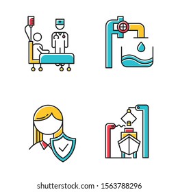 Industry types color icons set. Healthcare services. Water supply. Life insurance. Shipbuilding production. Boat, ship, marine vehicle. Clinic, medical help. Isolated vector illustrations