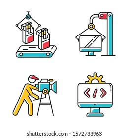 Industry types color icons set. Tobacco, computer, film production, IT sectors of economy. Agriculture, manufacture and services businesses. Isolated vector illustrations