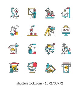 Industry types color icons set. Goods and services production. Technology development. Human activities for profit. Businesses in various sectors of economy. Isolated vector illustrations