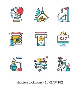 Industry Types Color Icons Set. Entertainment, Timber, Computer, Music, Financial Services, Software, Arms, Fishing, Energy Sectors Of Economy. Business Spheres. Isolated Vector Illustrations