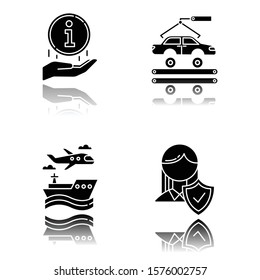 Industry types drop shadow black glyph icons set. Automotive engineering. Information sign. Life insurance. Car, automobile repair. Vehicle factory. Transport, vehicle. Isolated vector illustrations