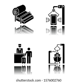 Industry types drop shadow black glyph icons set. Pulp and paper production. Electronics facility. Hospitality industry. Tourism. Shipbuilding. Dockyard, seaport. Isolated vector illustrations